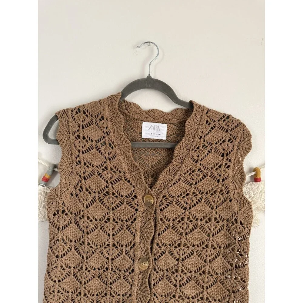 Zara Kids Crochet Open Knit Button Down Sleeveless Cardigan Brown Cottage 9/10 - Picture 5 of 7
